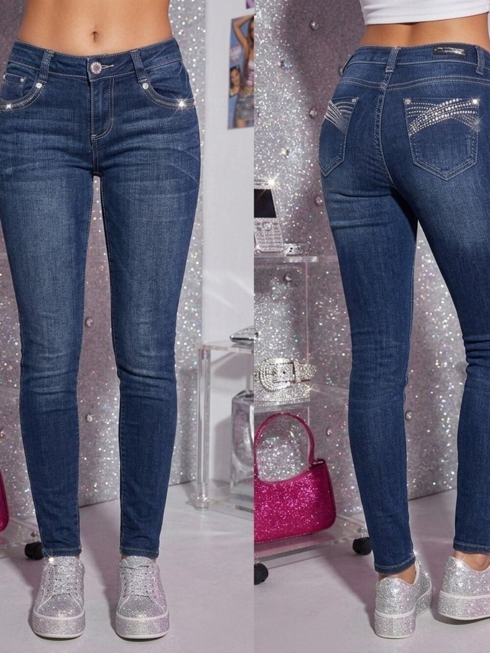C'est Toi Low Rise Skinny Jeans Thick Stitch Rhinestone Bling 9 JR